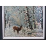 Oil on canvas; a stag in snowy forest, signed lower left Lutllrustrueiz '48, 80 x 64cm, framed.