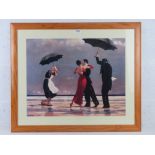 Contemporary art print; dancing couple on stormy beach with umbrella wielding servant beside,