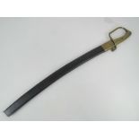 A cavalry sword having curved blade, brass grip and leather covered scabbard.