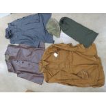 Assorted repro clothing, WWII British Leather Jerkin Size 3, German SA Shirt size XL,
