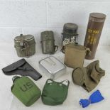 A box containing a quantity of miscellaneous militaria, water bottles, holster, mess tins, etc.