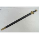 A re-enactor's Medieval style sword with leather covered grip, brass pommel and scabbard.