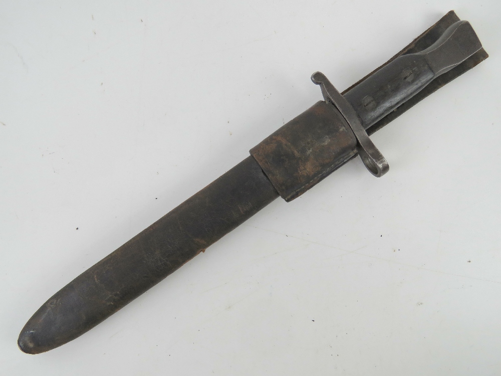 A WWI Canadian Ross Rifle Mk2 bayonet with scabbard and frog.