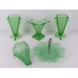 A pair of Art Deco green glass vases, together with a frosted green glass Art Deco wall pocket,