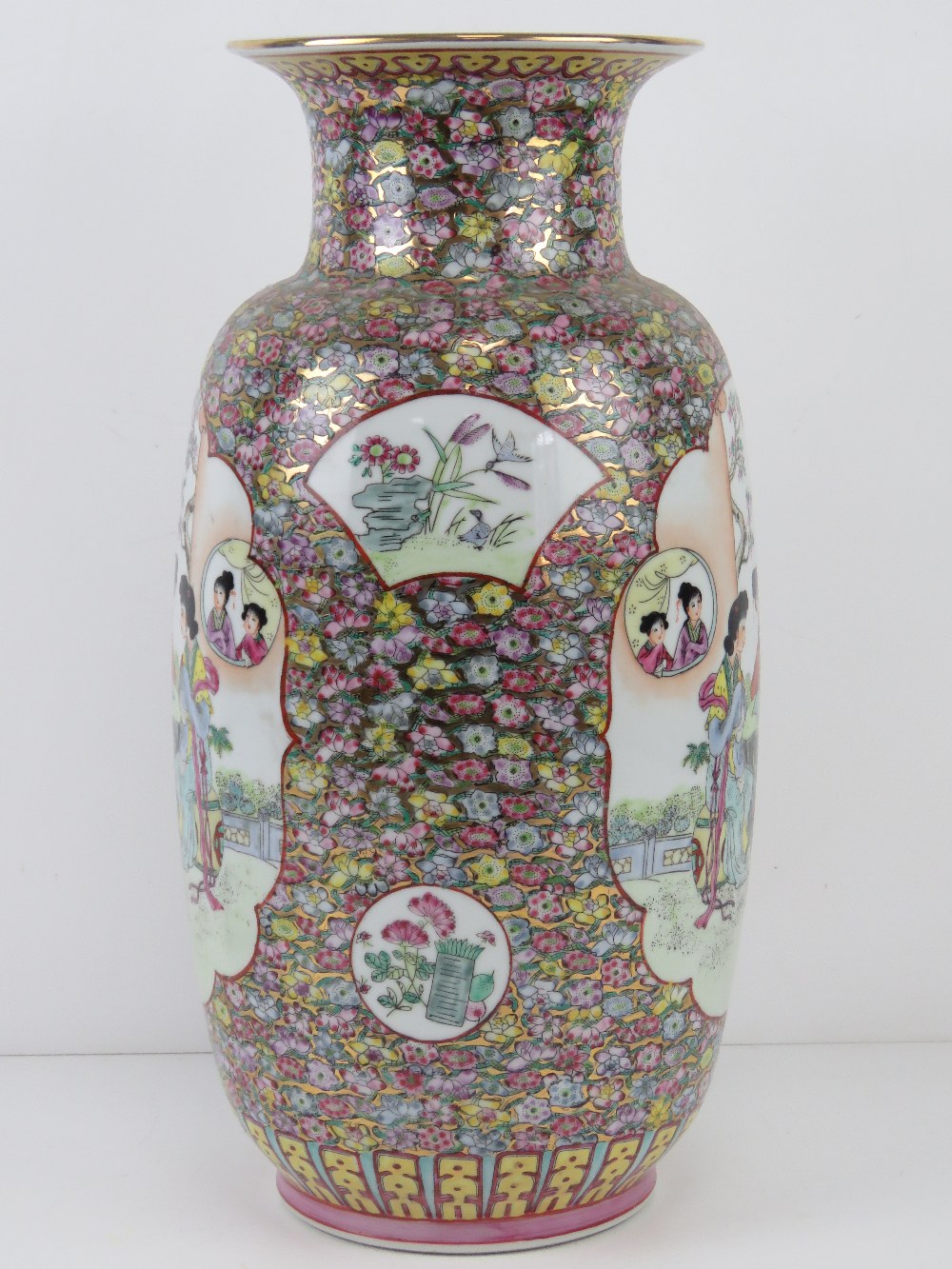 A large Chinese shoulder vase having female figures upon with pink and blue floral decoration and - Image 3 of 6