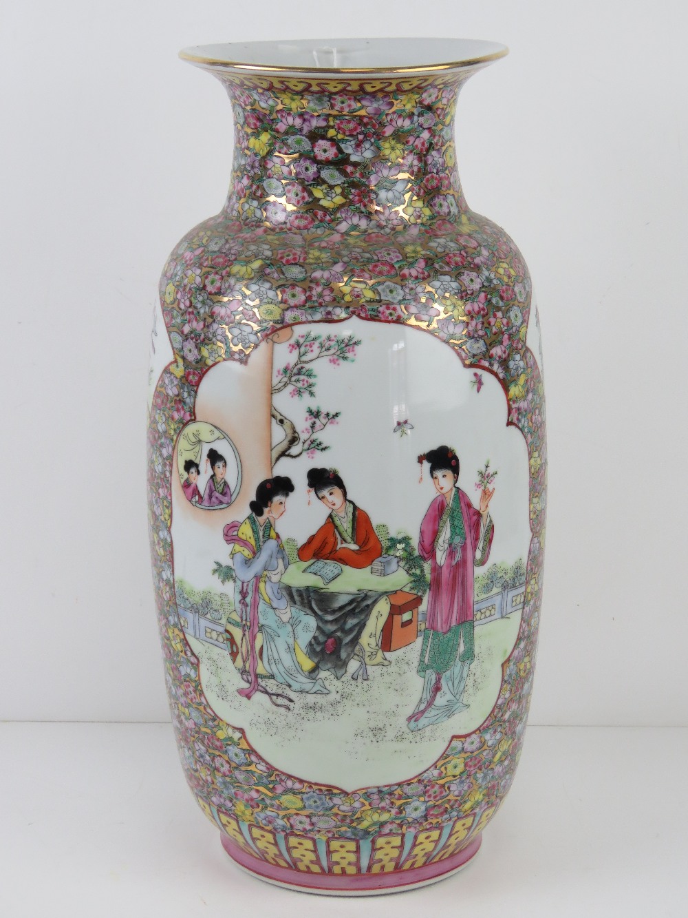 A large Chinese shoulder vase having female figures upon with pink and blue floral decoration and - Image 2 of 6