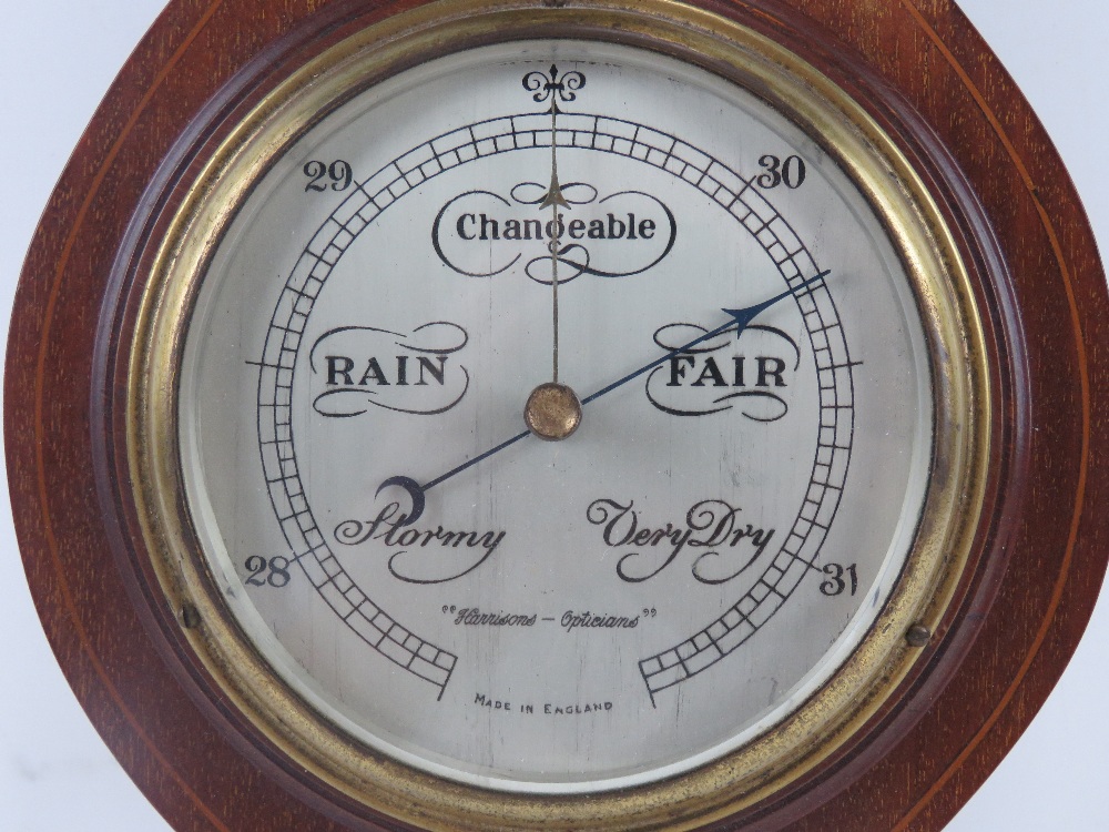 An Edwardian mahogany and inlaid wall barometer having thermometer over aneroid barometer marked - Image 3 of 4