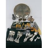 A quantity of silver plated flatware together with a large silver plated serving tray,