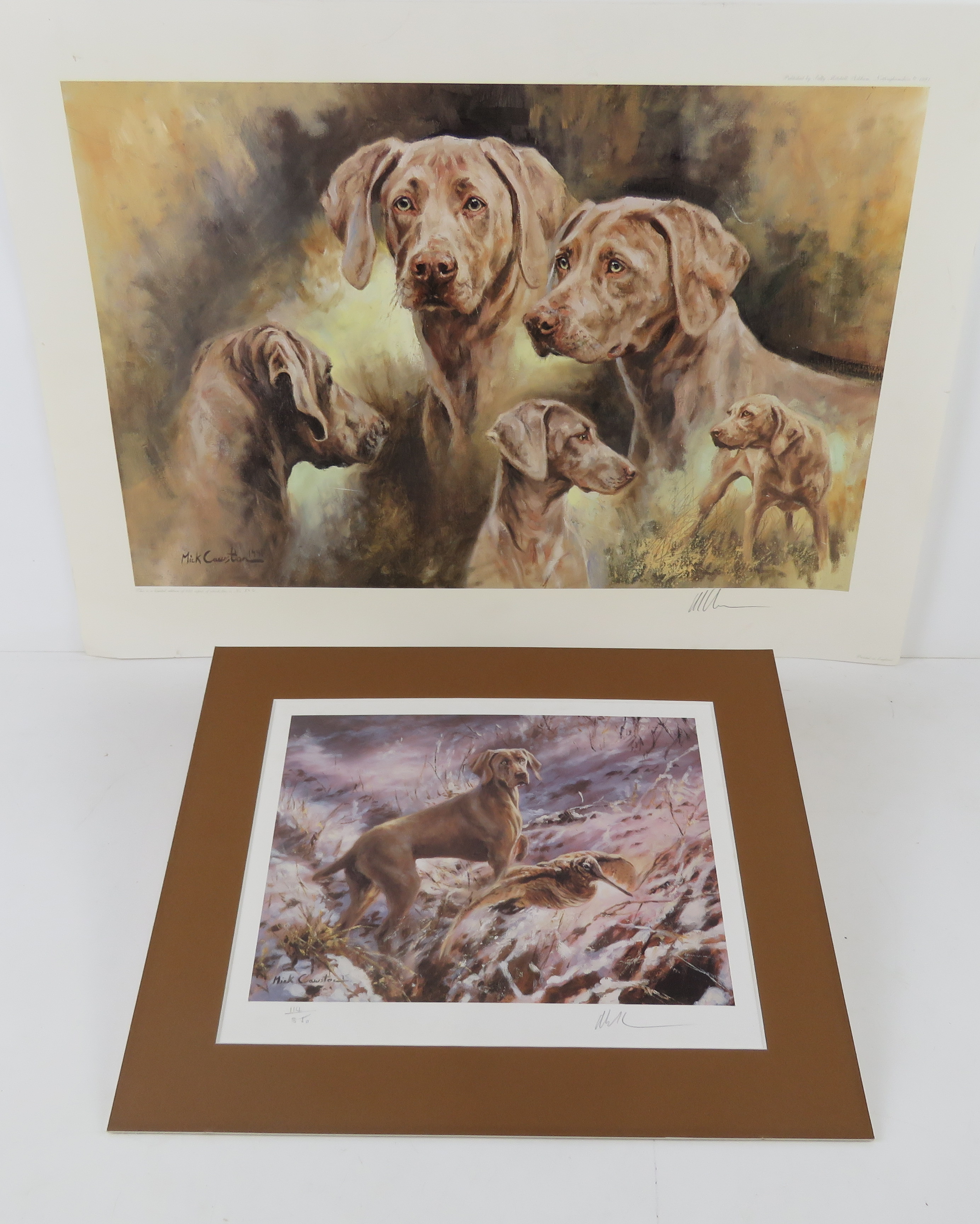 Two signed limited edition Mick Cawston prints of Weimaraners, the larger being No 566/850,