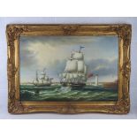 A 20thC oil on canvas; Maritime scene of masted sailing ships leaving port in a fair wind. Unsigned.