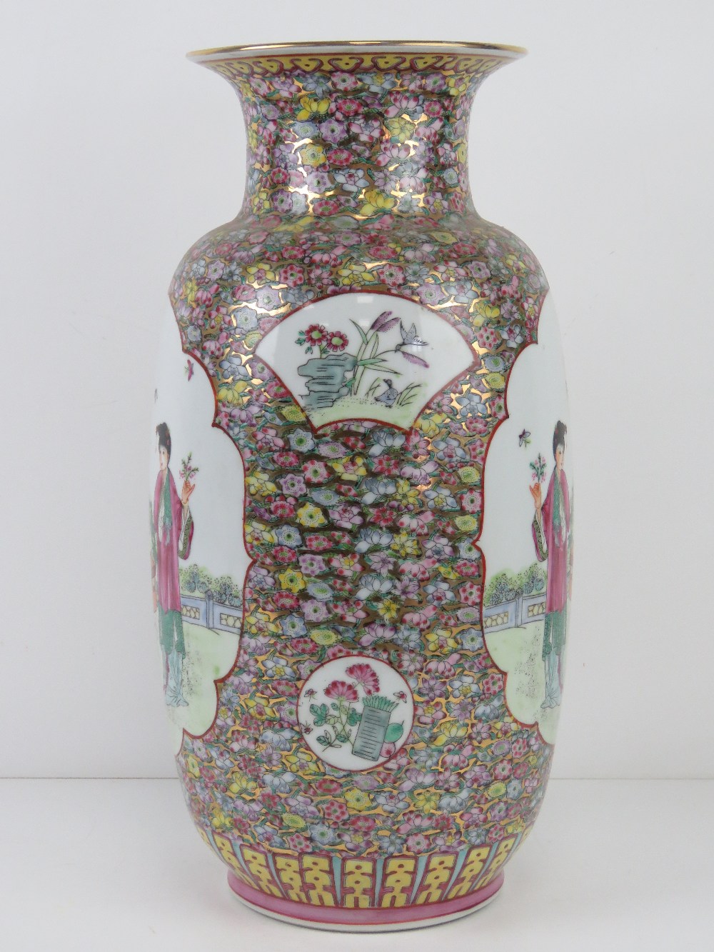 A large Chinese shoulder vase having female figures upon with pink and blue floral decoration and - Image 6 of 6