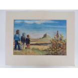 Pastel by J Lawson; three figures with landscape and sky beyond, 35 x 23cm, with mount, unframed.