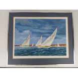 Signed artist proof print, sailing boats with cliff line and sky beyond,