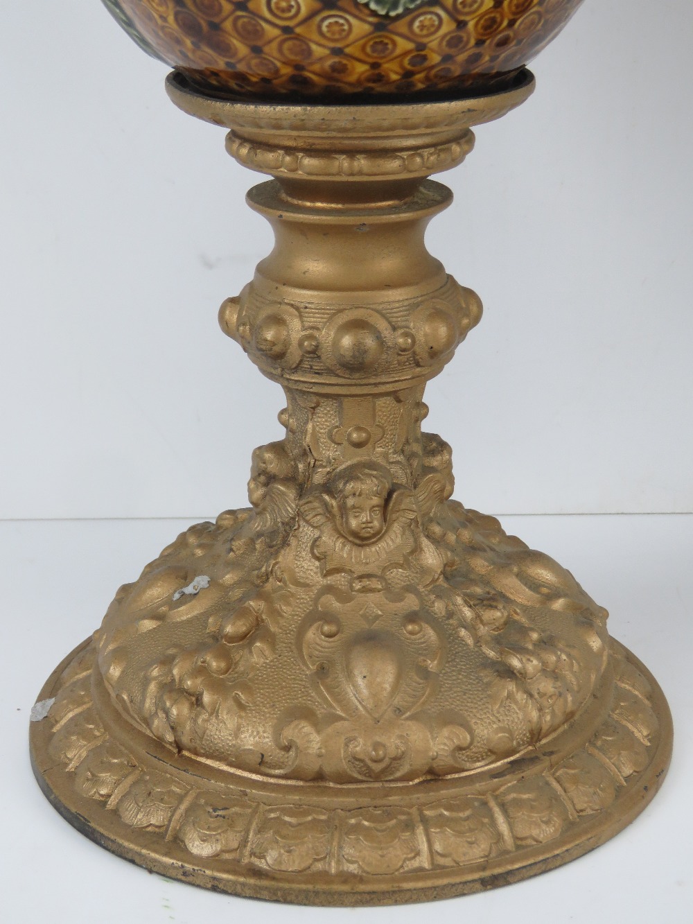 A pair of large 19th century ormolu and ceramic urns, - Image 2 of 4