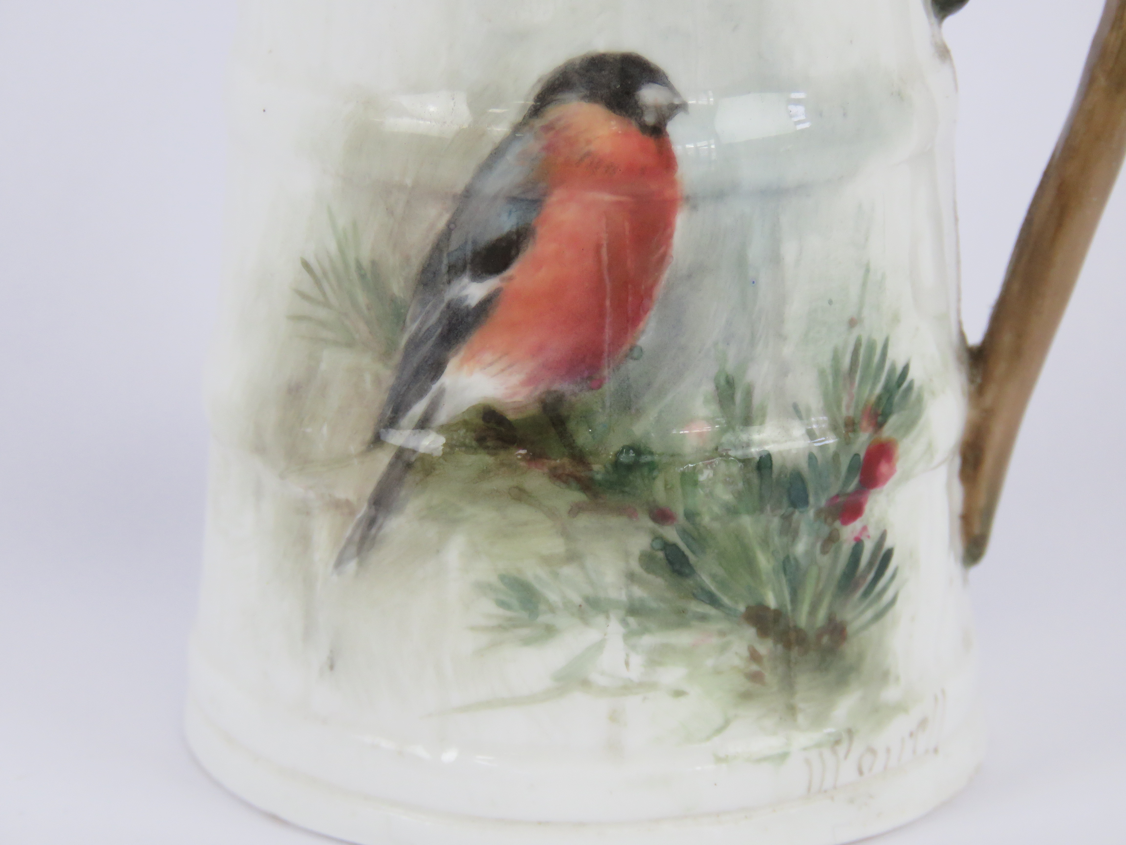 A Royal Worcester ornithological barrel jug, Bullfinch, painted by William Powell, signed, - Image 3 of 5