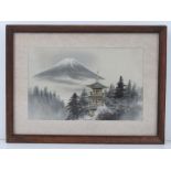 A Japanese silken thread embroidered scene of a pagoda in forest before Mount Fuji,