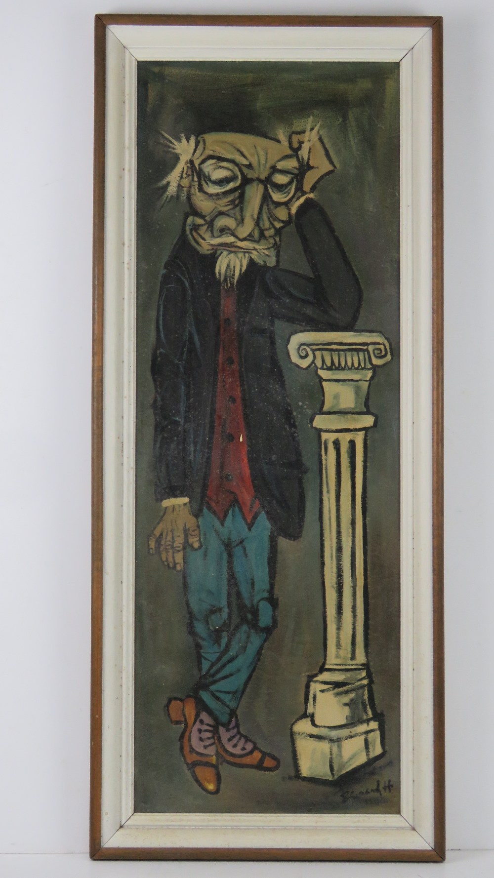 An original painting of a elderly gentleman leaning against a column plinth,