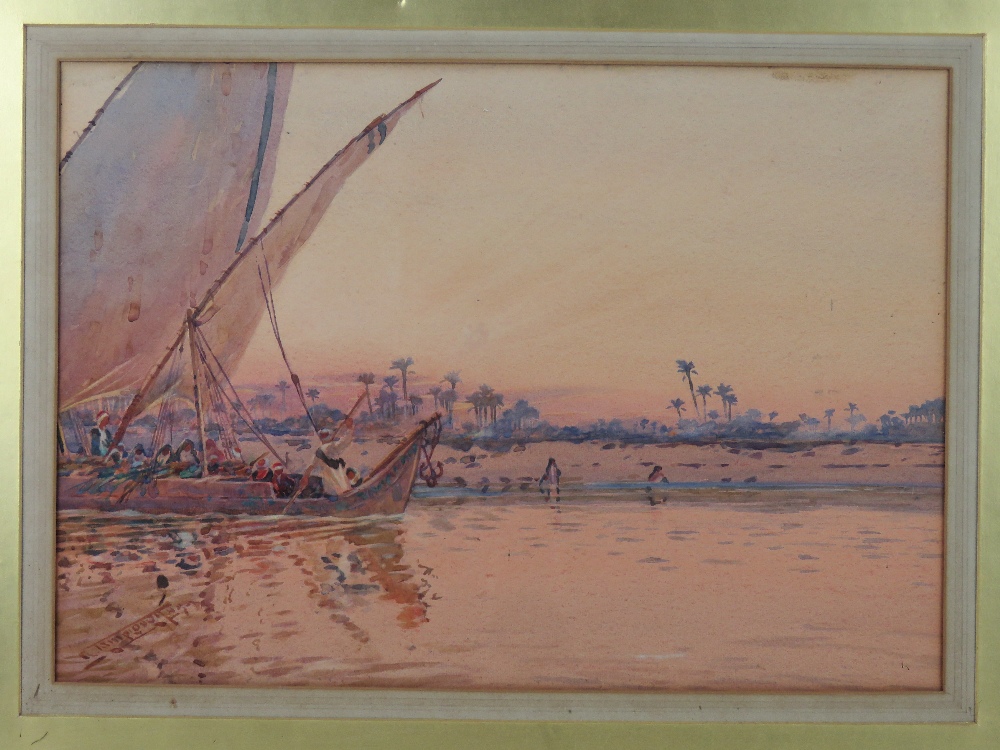 Watercolour; sailboat on the River Nile, palm trees and sunset beyond, signed lower left, - Image 2 of 5