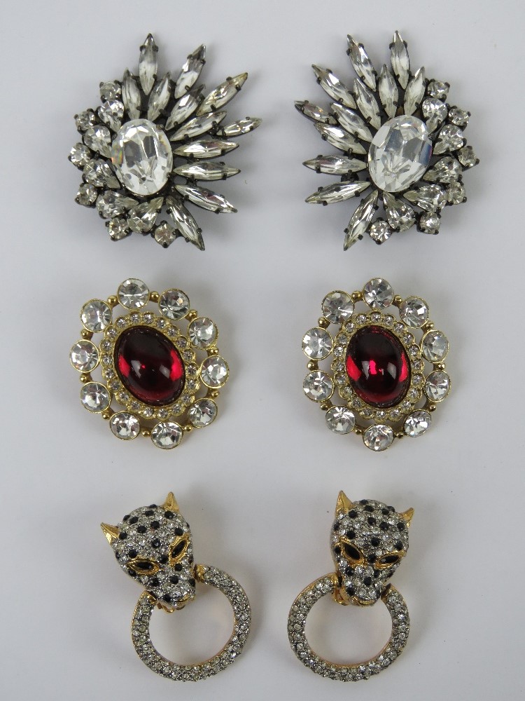 Three pairs of Butler & Wilson clip on earrings in vintage Butler & Wlison box.