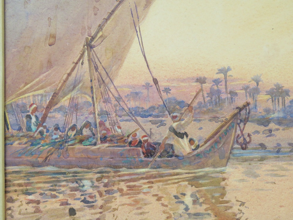 Watercolour; sailboat on the River Nile, palm trees and sunset beyond, signed lower left, - Image 4 of 5