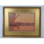 Watercolour; sailboat on the River Nile, palm trees and sunset beyond, signed lower left,