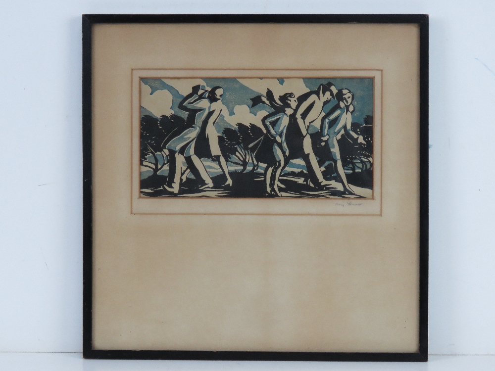 Print; walkers on a windy day in black and blue, signed in pencil lower right Mary Skinner,