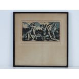 Print; walkers on a windy day in black and blue, signed in pencil lower right Mary Skinner,