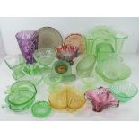 A large quantity of assorted coloured glass and art glass inc Art Deco frosted green glass clock,