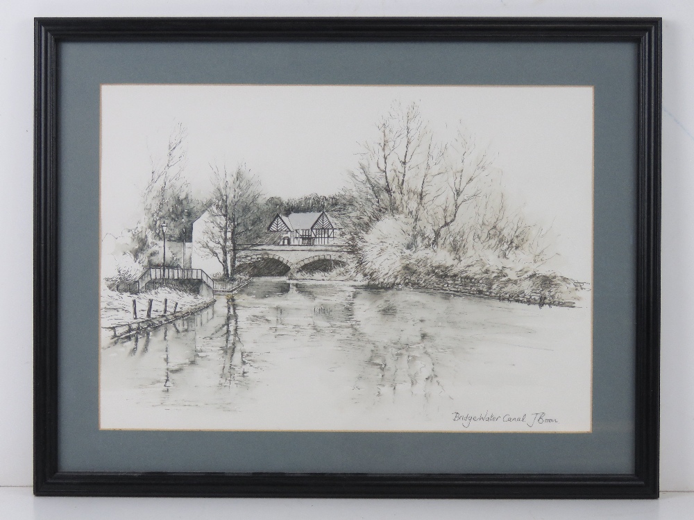 A watercolour and ink sketch of Bridgewater Canal signed J Boon, sight size 38 x 26.