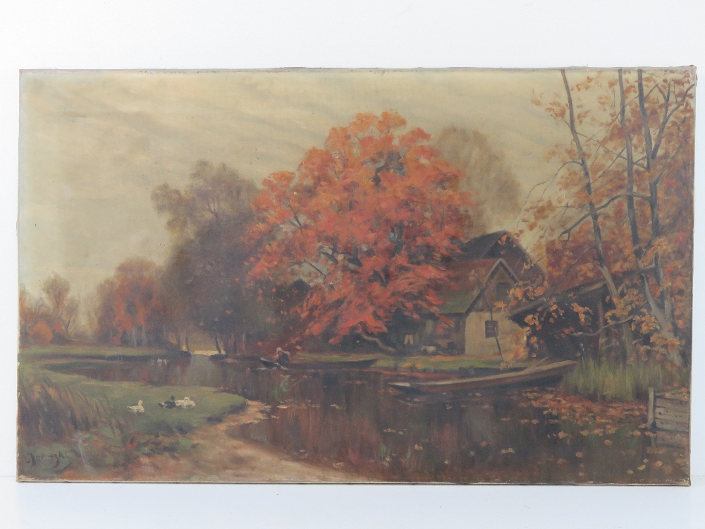 Two oil on canvas paintings, one being farmhouse with pond before (73 x 45cm), - Image 6 of 9