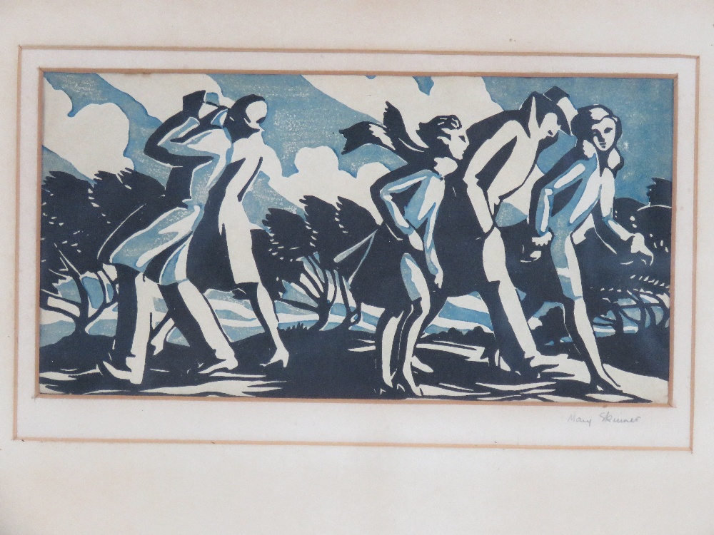 Print; walkers on a windy day in black and blue, signed in pencil lower right Mary Skinner, - Image 2 of 4