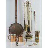 A quantity of assorted copper and brass inc toasting fork, copper plated tankards,