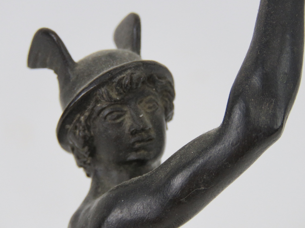 A cast metal sculpture of Hermes raised over marble base, all standing 25cm high. - Image 4 of 4