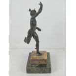 A cast metal sculpture of Hermes raised over marble base, all standing 25cm high.