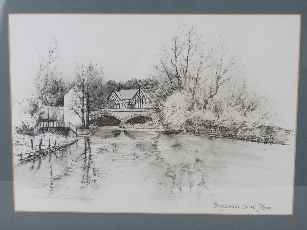 A watercolour and ink sketch of Bridgewater Canal signed J Boon, sight size 38 x 26. - Image 3 of 3