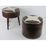 A matched pair of c1960s/1970s footstools in brown and white leatherette, each approx 30cm dia.