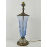 A pale blue early 20thC etched glass vase converted for use as a lamp.