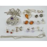 A small quantity of assorted silver and white metal jewellery including Baltic amber stud earrings,