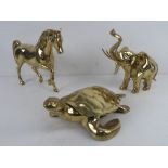 Three brass animal ornaments being horse, elephant and turtle, turtle approx 30cm in length.