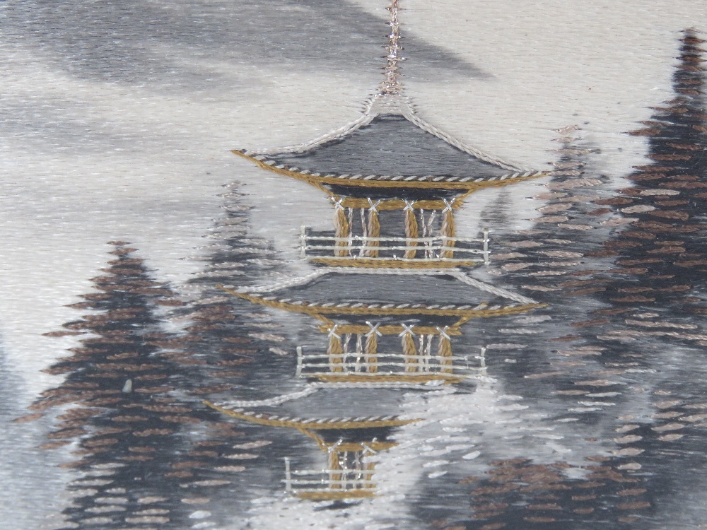 A Japanese silken thread embroidered scene of a pagoda in forest before Mount Fuji, - Image 3 of 3