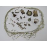 A quantity of assorted silver and white metal jewellery including; rings, coin pendant,