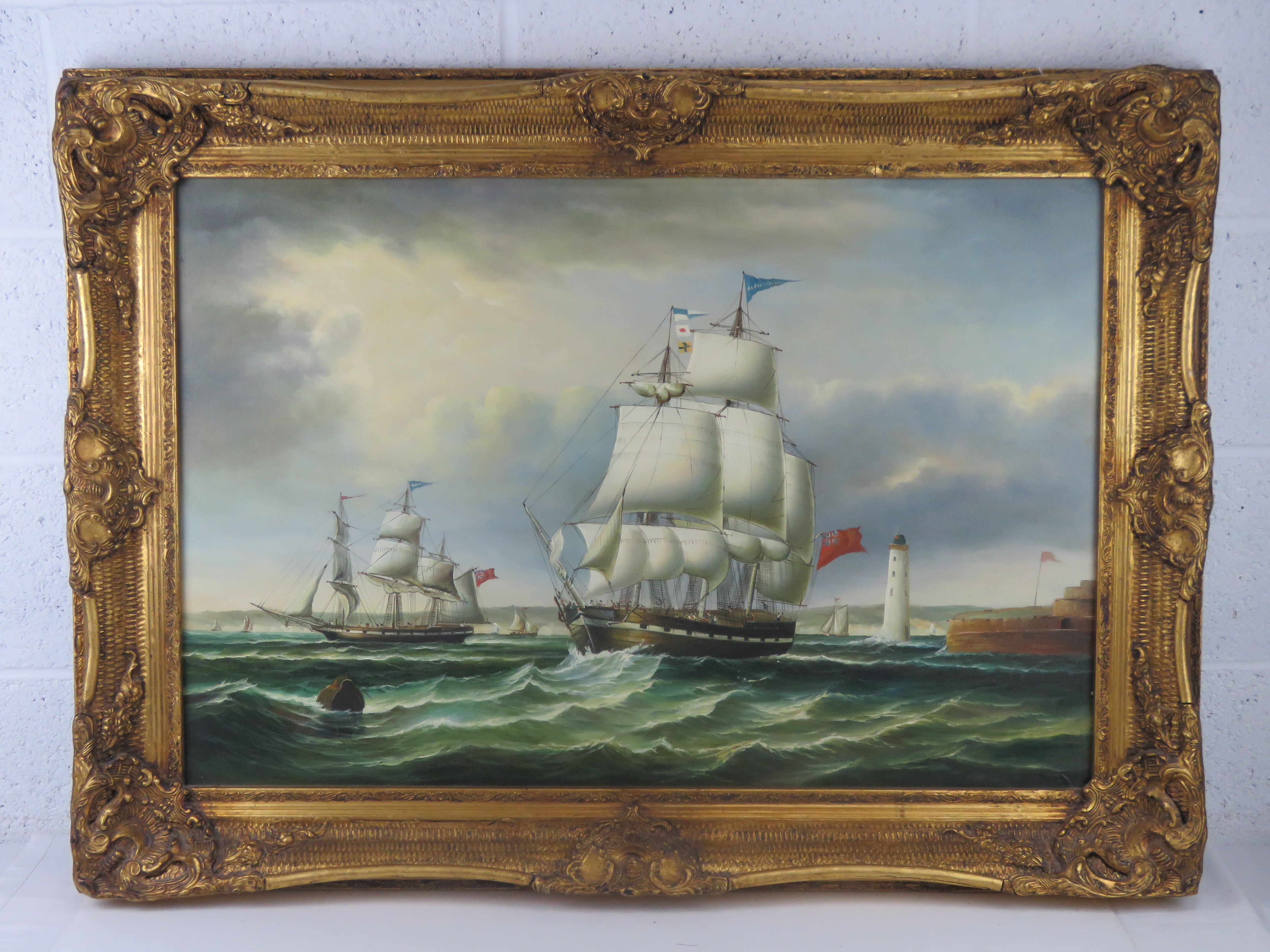 A 20thC oil on canvas; Maritime scene of masted sailing ships leaving port in a fair wind. Unsigned.