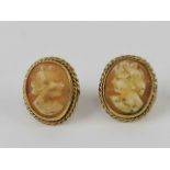 A pair of 9ct gold carved shell cameo earrings, hallmarked 375.