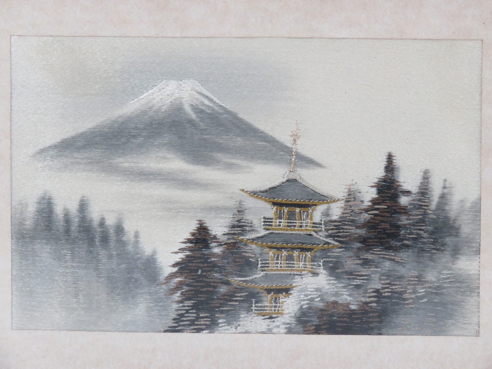 A Japanese silken thread embroidered scene of a pagoda in forest before Mount Fuji, - Image 2 of 3