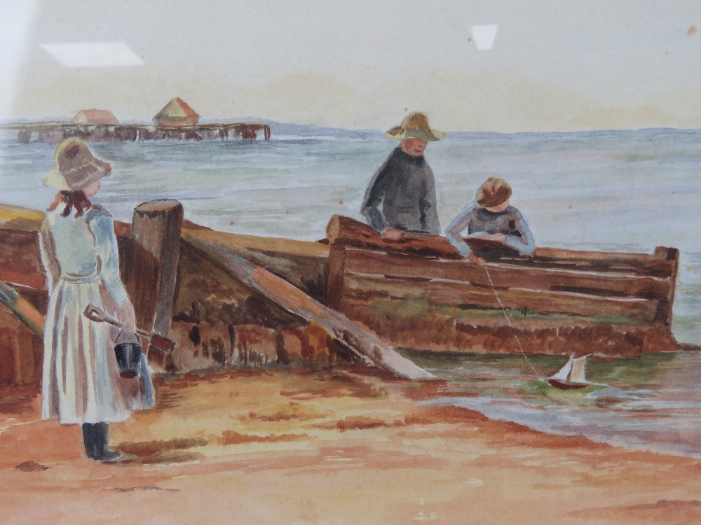 Watercolour by Jean Wheeler being a seaside scene of family with bucket and spade and model boat, - Image 3 of 3