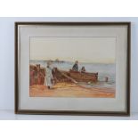 Watercolour by Jean Wheeler being a seaside scene of family with bucket and spade and model boat,