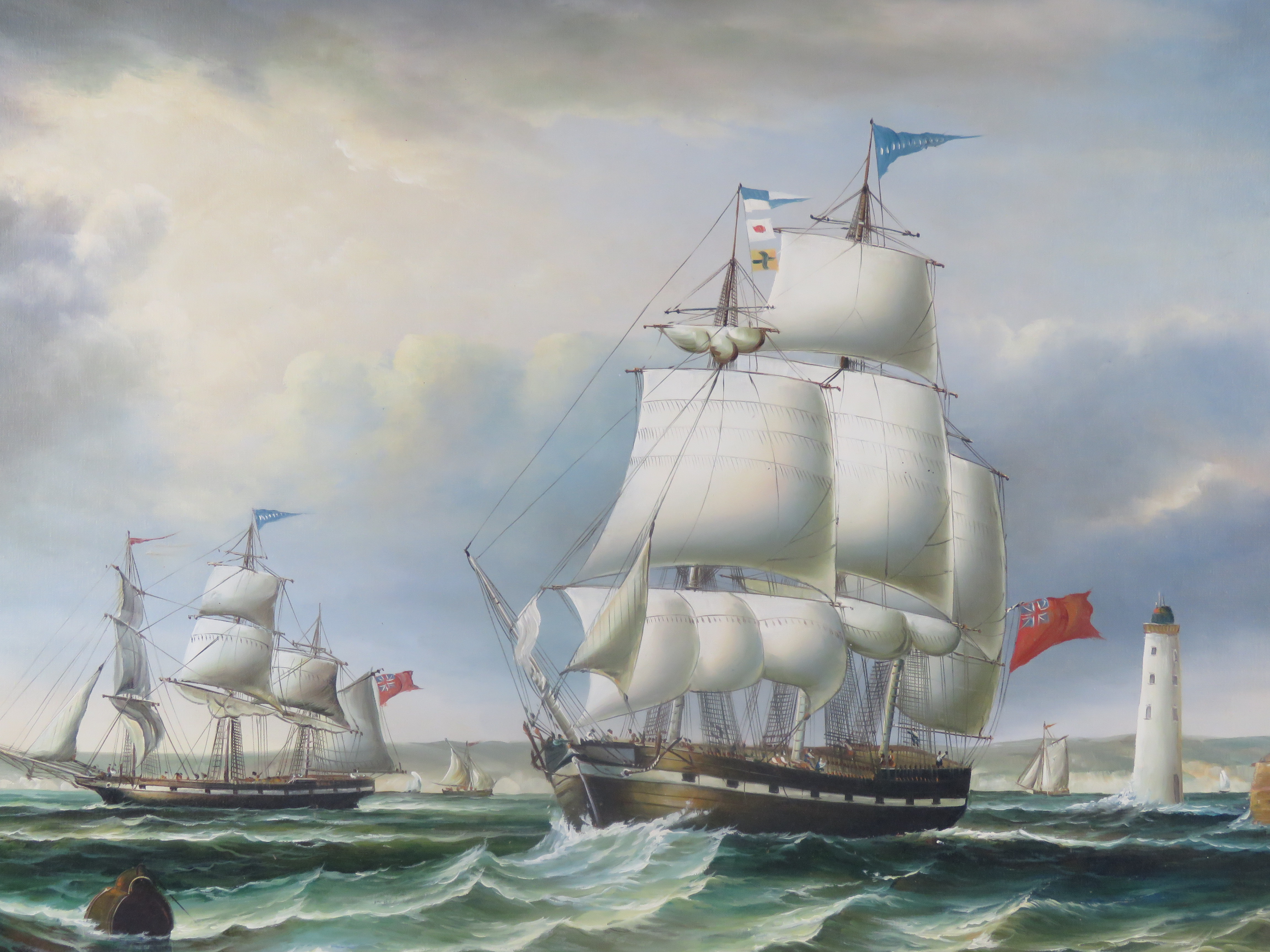 A 20thC oil on canvas; Maritime scene of masted sailing ships leaving port in a fair wind. Unsigned. - Image 5 of 5