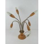 A c1960s table lamp having six sconces of floral form, approx 53cm inc bulb. For re-wiring.