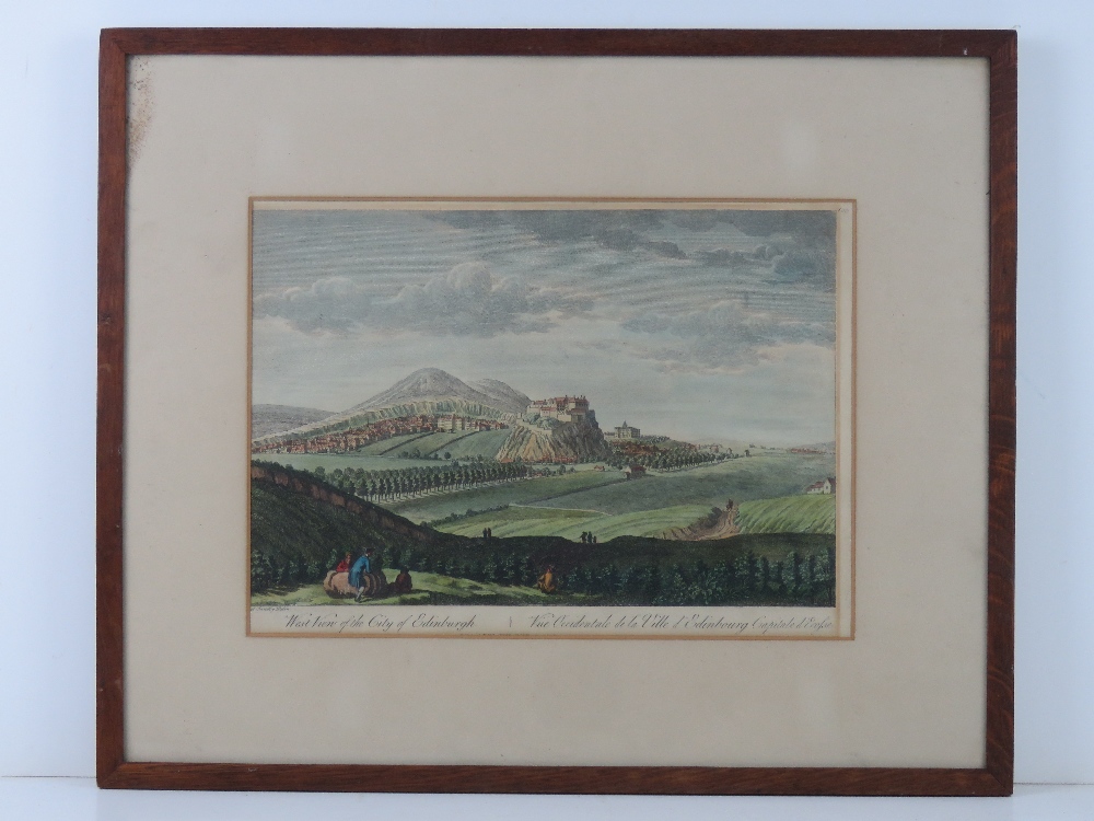 A coloured steel engraving 'West View of the City of Edinburgh',