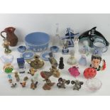 A quantity of assorted glass and ceramics inc three Royal Doulton female figurines,